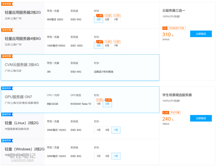 腾讯云学生服务器优惠 轻量服务器 CVM云服务器 GPU服务器